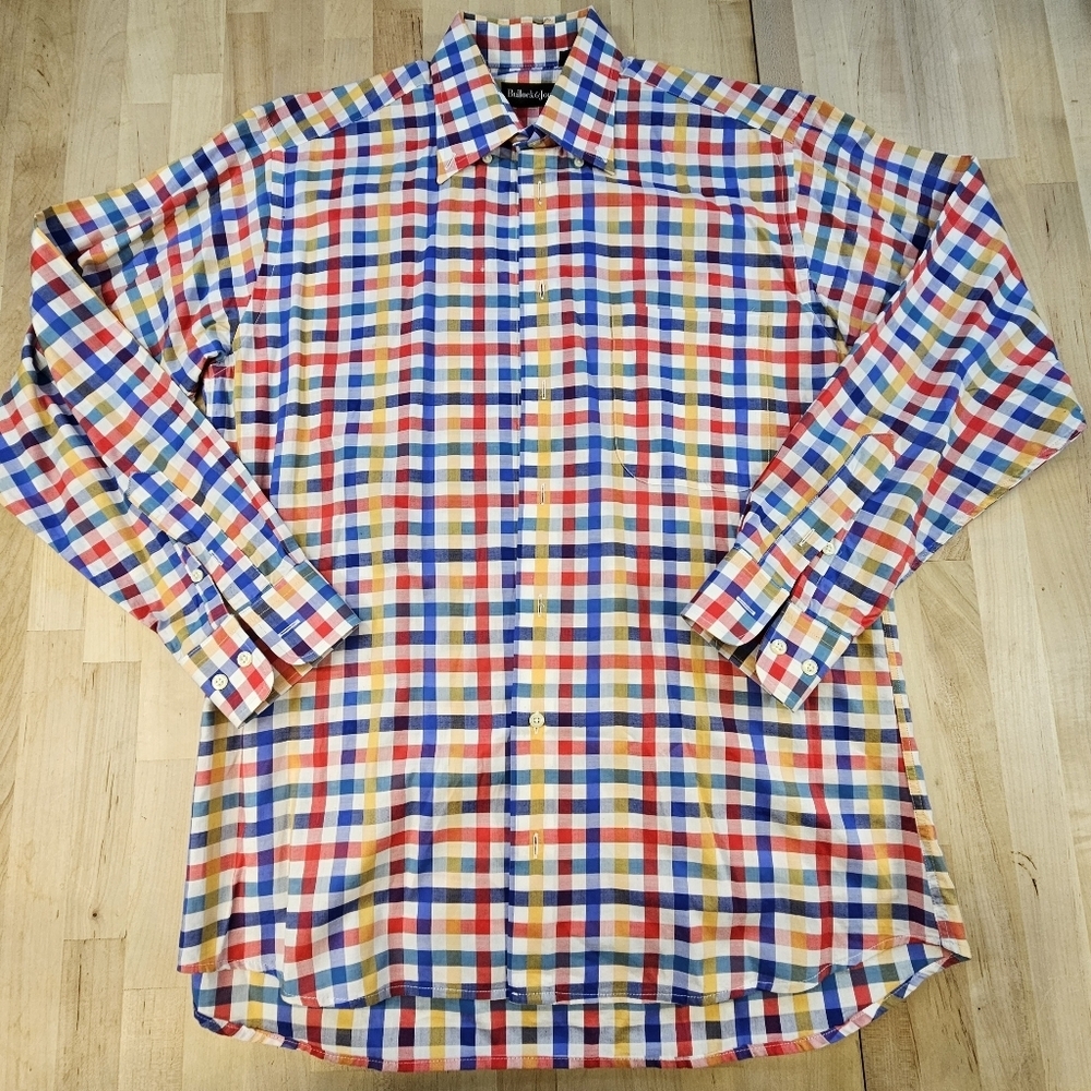 Bullock & Jones Mens Medium Button Down Cotton Plaid Shirt Made in USA Blue Red